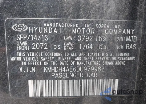 2013 Hyundai Elantra Gls z USA, uszkodzony, nr VIN KMHDH4AE6DU979982